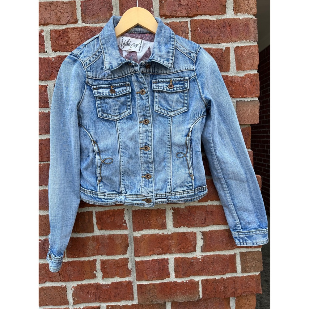 White Crow Kids Denim Jacket Blue Distressed Southwestern Tapestry Back Small